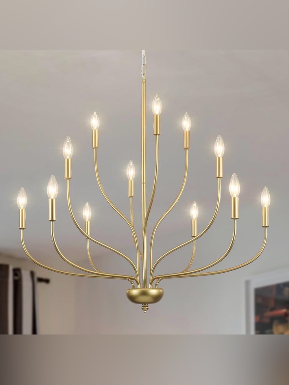 Gold 12-Light Modern Farmhouse Chandelier 34” Candle Style